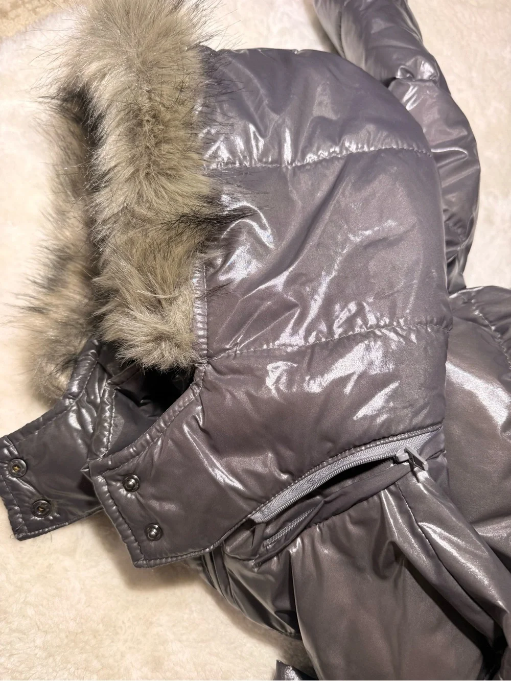 Zara Girls Gray Puffer Stitched Faux Fur Trim Hooded full zip Jacket size 13/14
